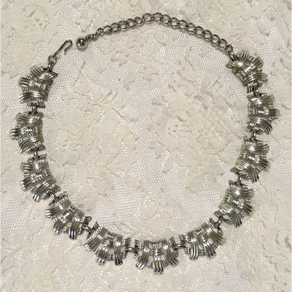 Vintage Coro Chain Necklace Silver Tone Mid Century Basket Weave Link Chain
